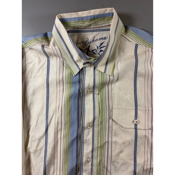 Tommy Bahama Other - Tommy Bahama Shirt Mens Large Cream Blue Green Silk Cotton Striped Palm Jacquard